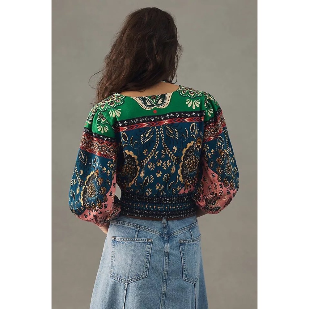 Farm Rio for Anthropologie Deep-V PuffSleeve Top Boho Print Smocked Blouse Small - Picture 3 of 8